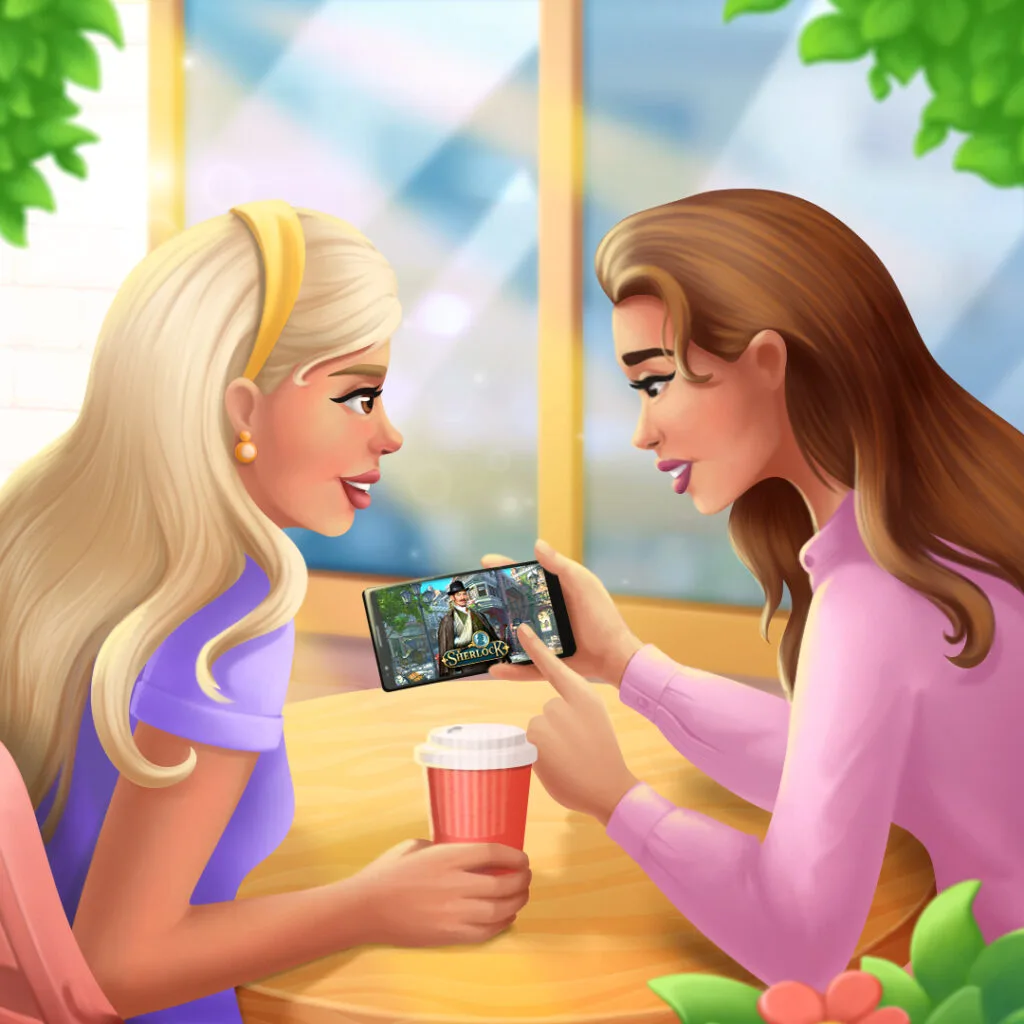 two young woman, a blonde and a brown-haired one, sitting in a summer cafe drinking coffee, while one of them showing the other one a new match-3 game on her smartphone