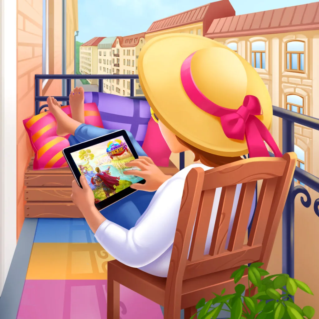 a woman in a hat playing a casual game on her tablet while sitting on a balcony in an old European city