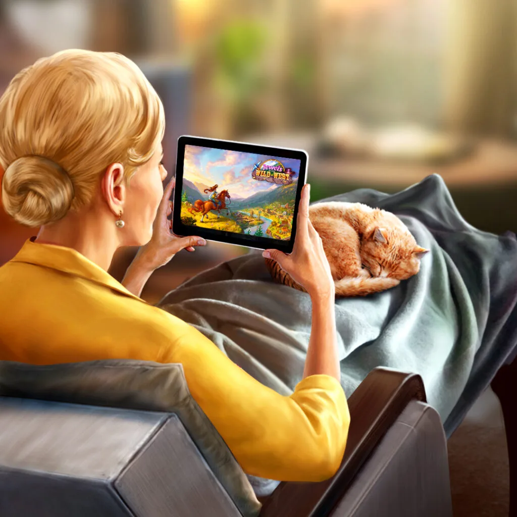 an elderly woman sitting in an armchair and playing a match-3 game while a red cat sleeps on her lap