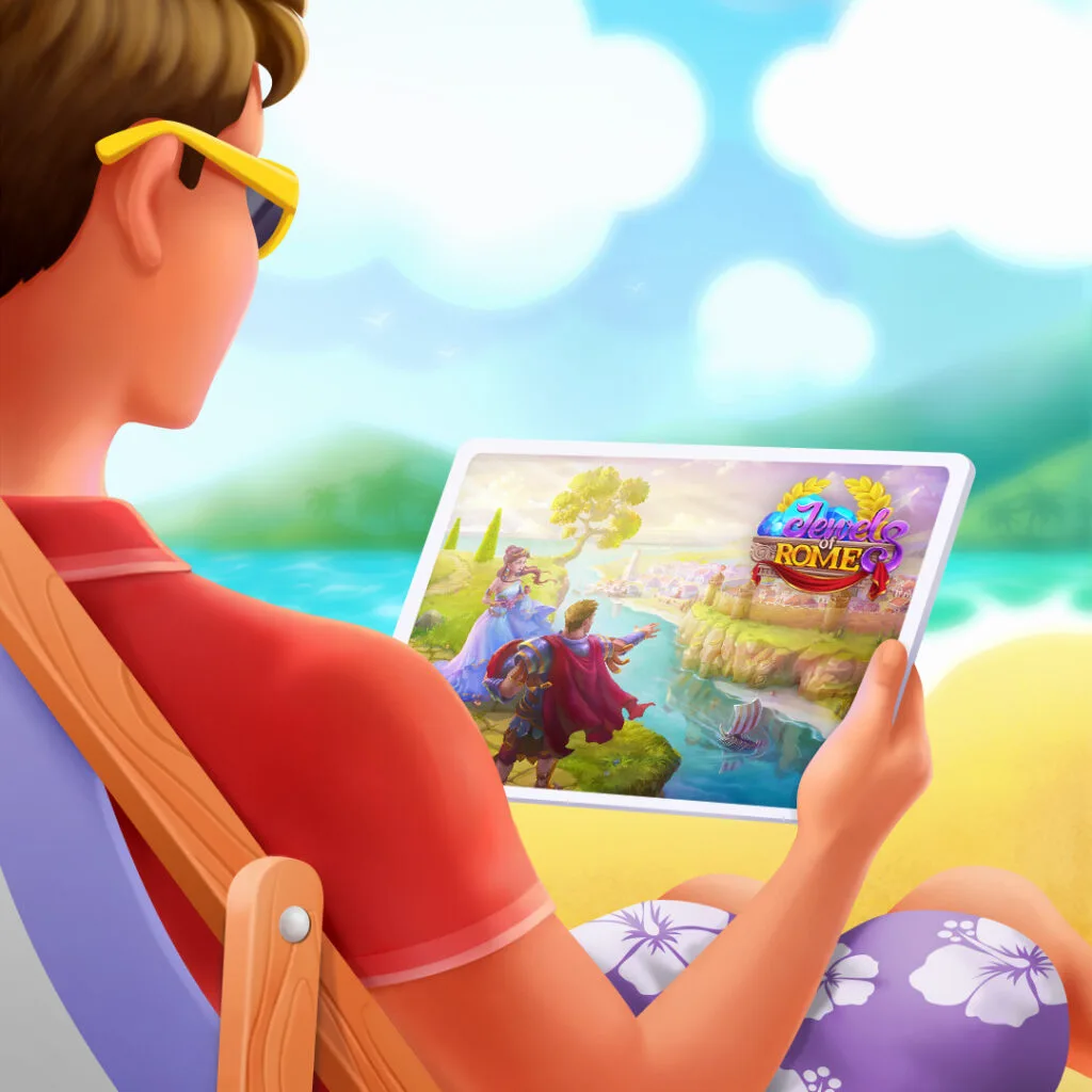 a young guy in sunglasses sitting in a sunlounger on a sea beach and playing a match-3 game on his tablet