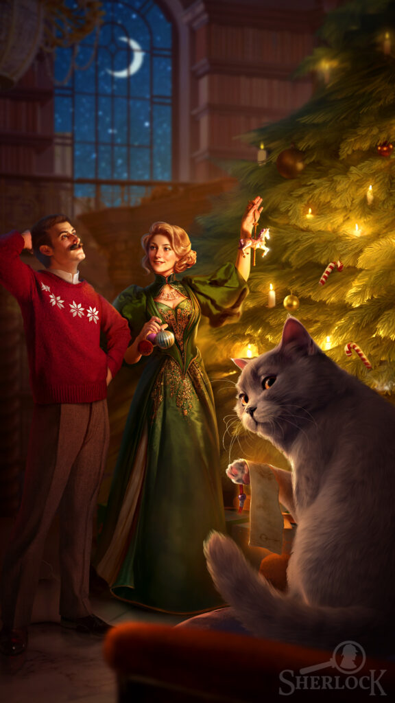 Sherlock and Mycroft Holmes, John Watson, Lucy and Faustus the cat gathered cozily around the Christmas tree in the evening with presents and warm tea.