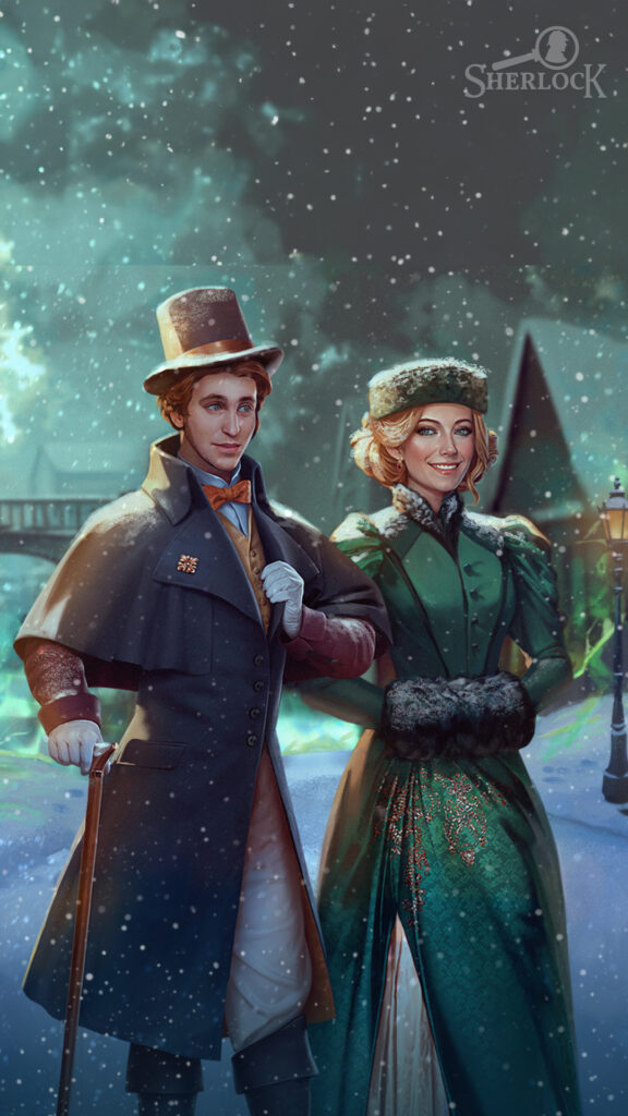 A gentleman and a lady walking through a village decorated for Christmas in the evening while it’s snowing.