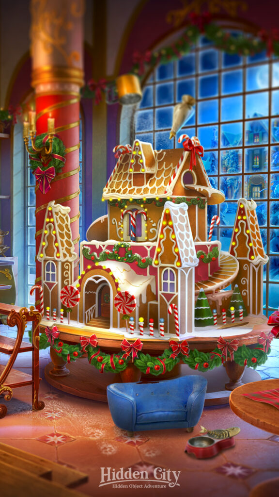 A gingerbread house in the middle of a hall decorated for Christmas.