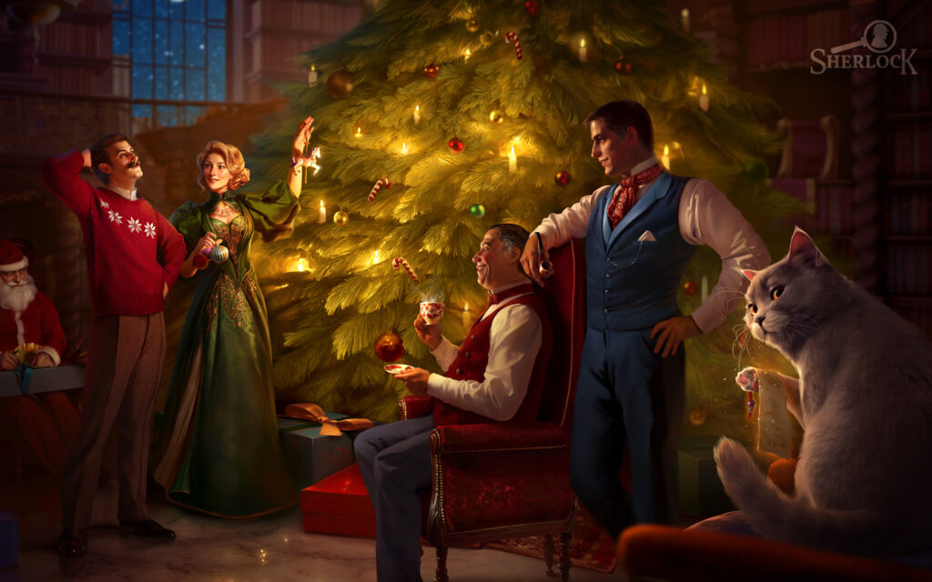 Sherlock and Mycroft Holmes, John Watson, Lucy and Faustus the cat gathered cozily around the Christmas tree in the evening with presents and warm tea.