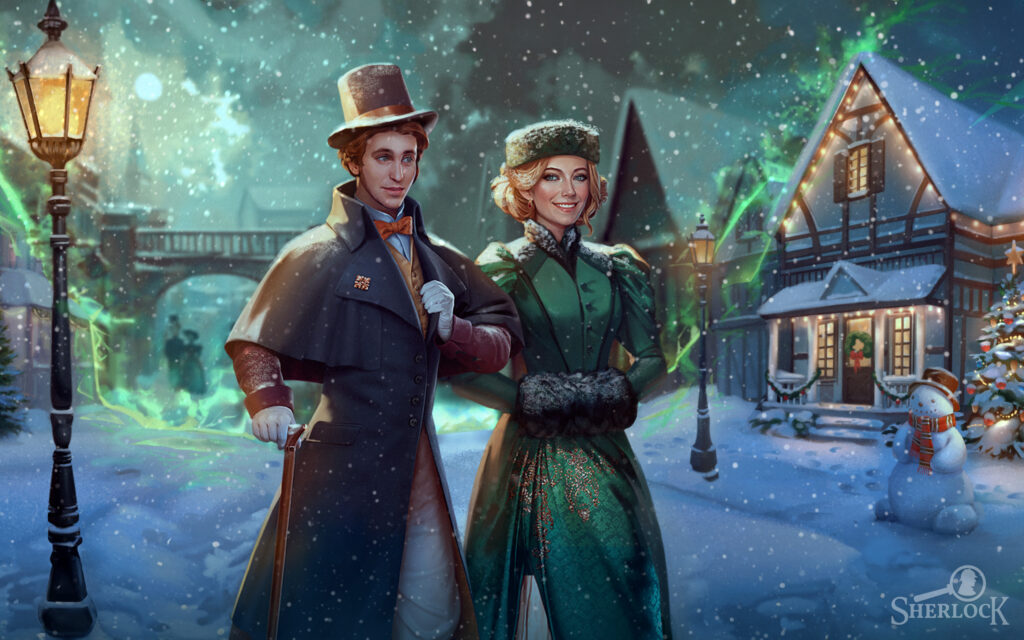 A gentleman and a lady walking through a village decorated for Christmas in the evening while it’s snowing.