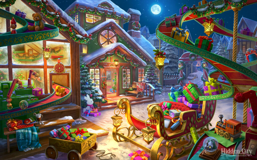 A village street under a full moon with Santa’s sled full of Christmas presents and decorations.