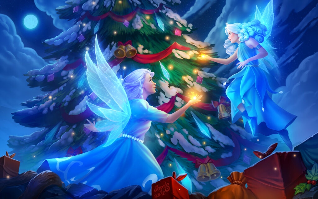 Luminous fairies levitating next to a decorated Christmas tree and practicing some sort of good magic.