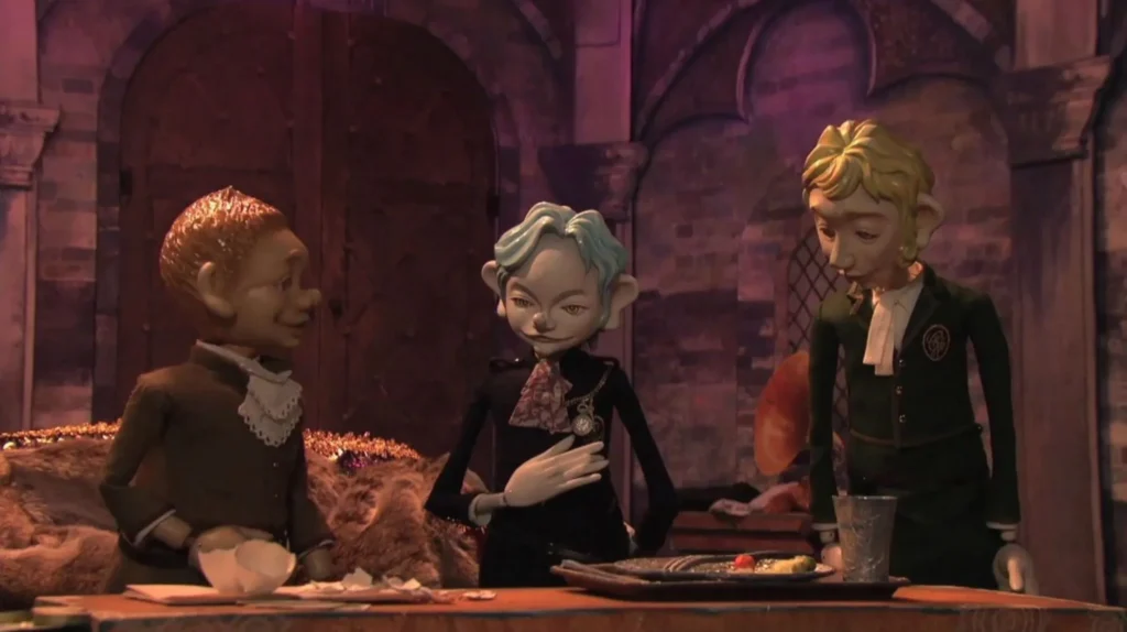 puppet characters in a dining hall, including puppet Sherlock Holmes as a 15-year-old student from the 2014 TV series