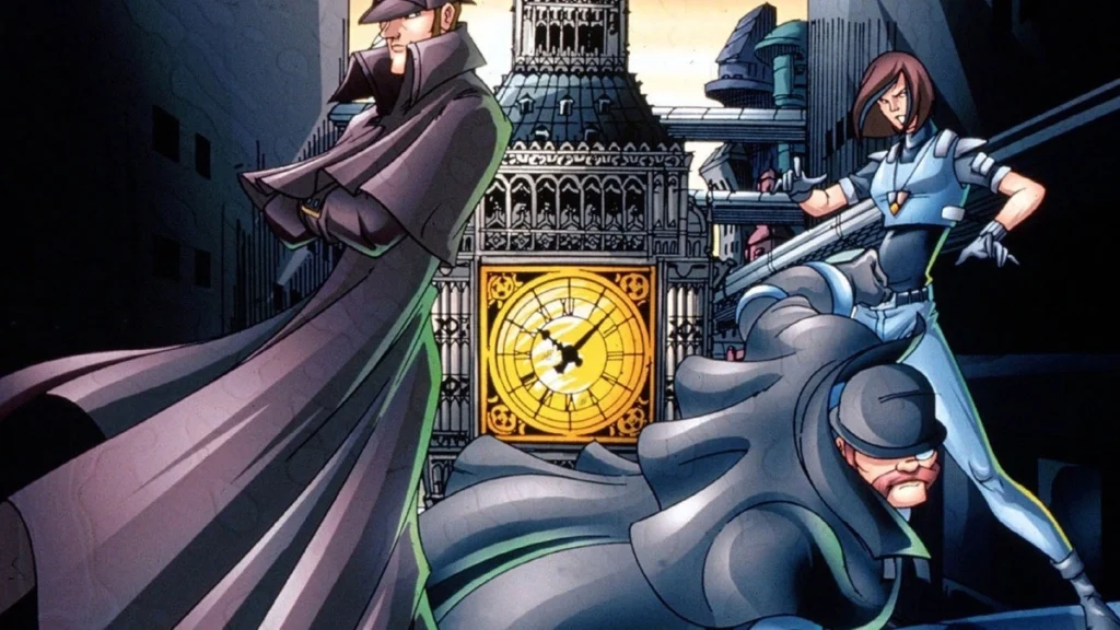 futuristic superhero Sherlock Holmes and armed cyborg John Watson from the show Sherlock Holmes in the 22nd Century with metallic Big Ben in the background