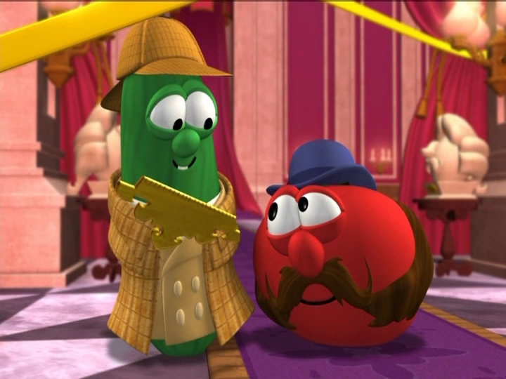 Sheerluck Holmes (Sherlock Holmes as a cucumber) and Dr. John Watson (here, a tomato) from the Christian animated series VeggieTales