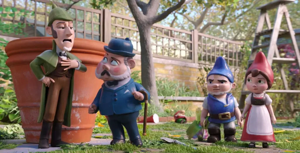 sherlock holmes as a gnome (sherlock gnomes) talking to dr. john watson (also a gnome) on a crime scene in a kids movie (cartoon) while a couple of other garden gnomes are watching sceptically