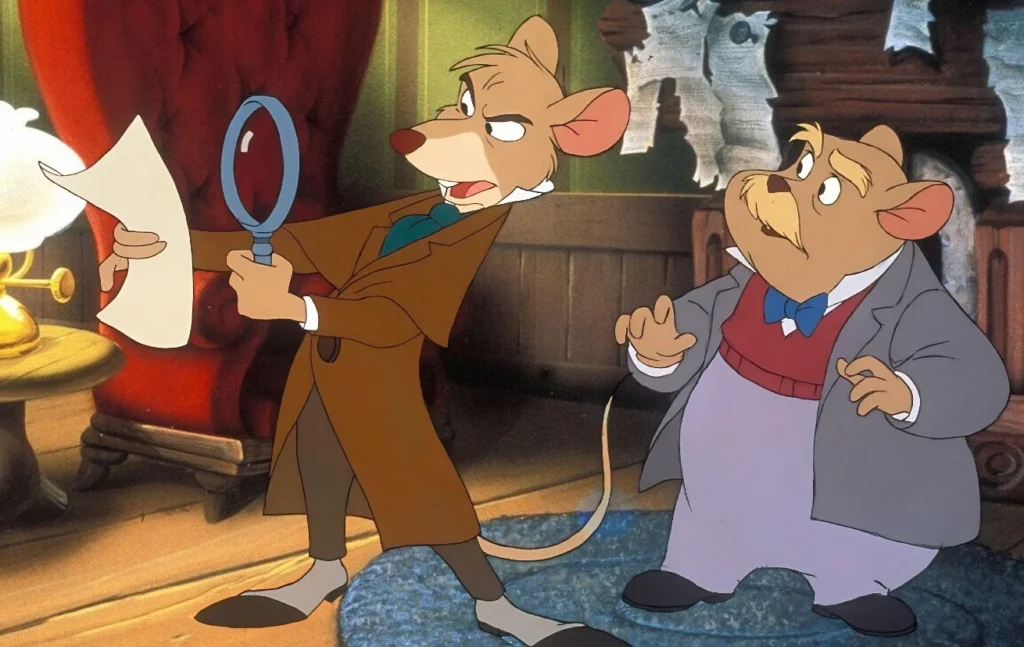 two cartoon mouse detectives from the 1986 animated movie The Great Mouse Detective by the Walt Disney Studios