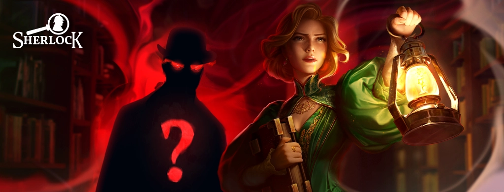 A determined Lucy from Sherlock: Hidden Cases extending her arm while holding a lantern to shine a light on something while a mysterious and creepy silhouette appears behind her in red smoke.