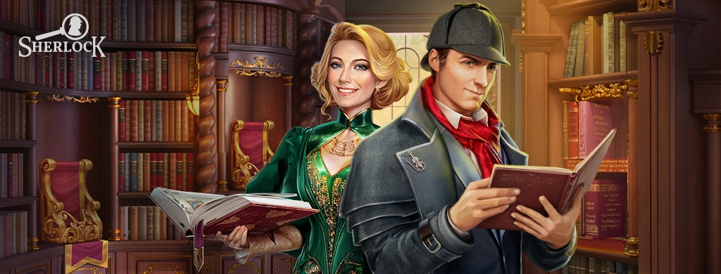 Sherlock Holmes and Lucy from the hidden object and match-3 game "Sherlock: Hidden Cases" by G5 Entertainment reading books in the library.