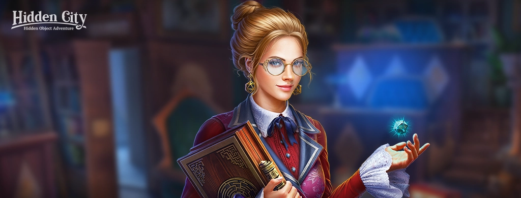 A character from Hidden City—a seemingly educated and cultured young woman in glasses holding a big book (probably a librarian), making some sort of a gem levitate above her hand. 