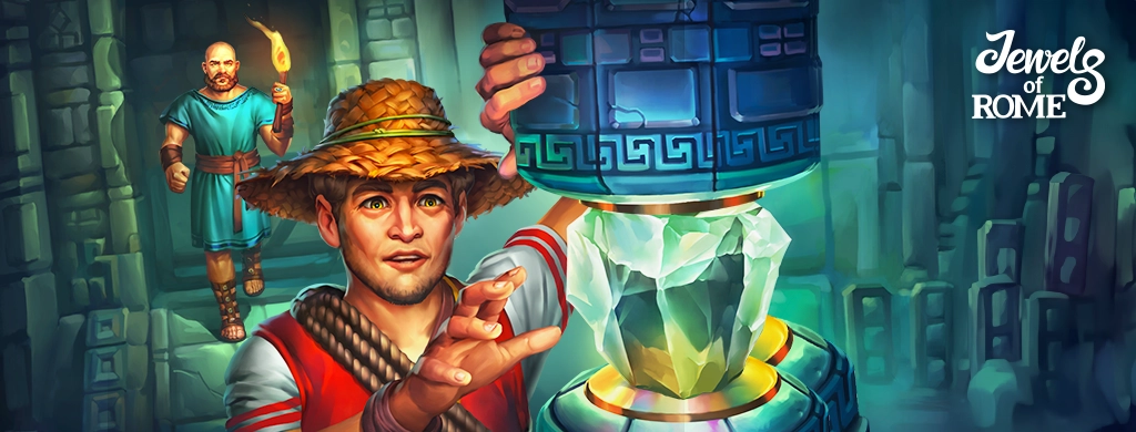 A character from Jewels of Rome in a straw hat (looking similar to Indiana Jones) extending his hand to grab a shiny treasure (some sort of a crystal) from a pedestal in an ancient temple.