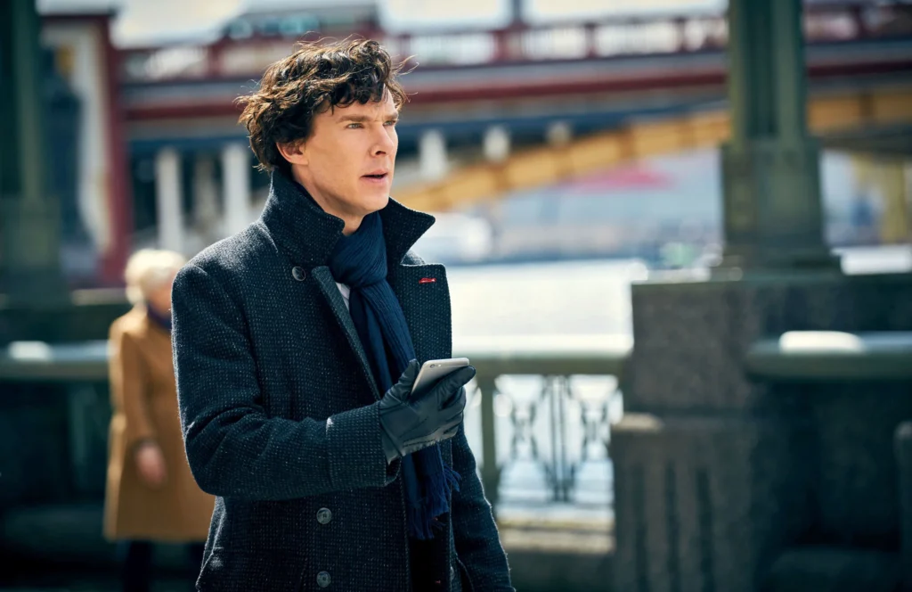 Benedict Cumberbatch as Sherlock Holmes in the 2010 TV series "Sherlock" which was created by Steven Moffat and Mark Gatiss and aired on BBC.