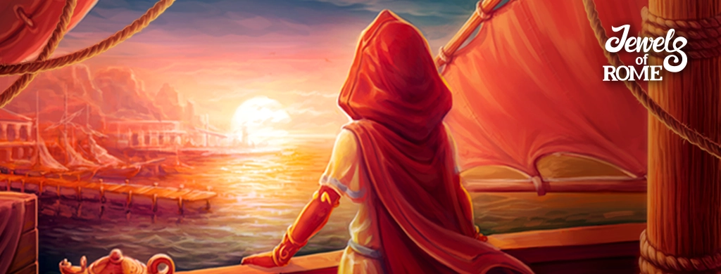 A hooded woman looking at the sunset over the sea from her sailing ship. 