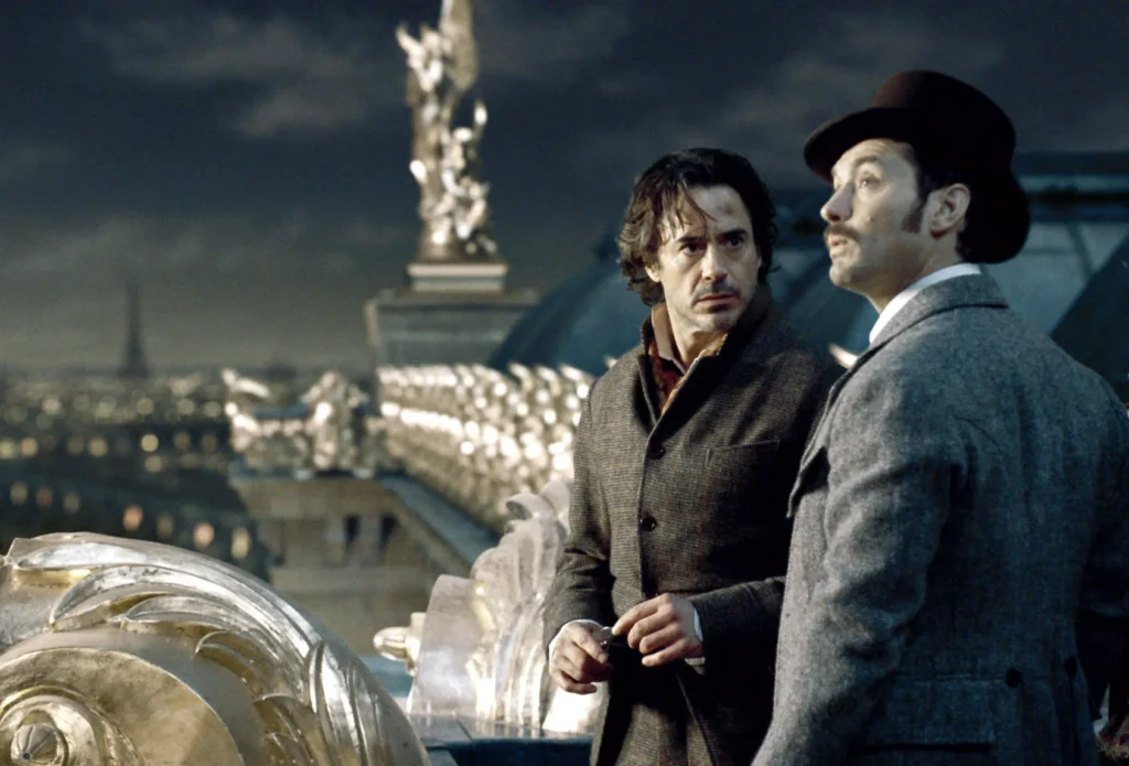 Robert Downey Jr. as Sherlock Holmes and Jude Law as John Watson in the 2011 movie "Sherlock Holmes: A Game of Shadows" directed by Guy Ritchie.