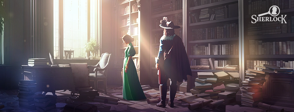 Lucy from the popular game “Sherlock: Hidden Cases” and a musketeer in a library. Some books are on the shelves while the others are thrown on the floor and are lying in disorderly piles. Sunlight is flowing through the window into the darkened room. The characters’ postures convey sadness and/or thoughtfulness.