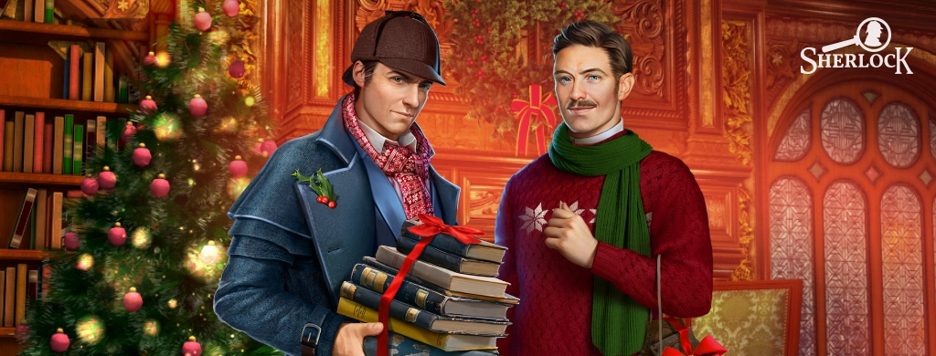 Two men in a festive setting that suggests Christmastime. The man on the left is Sherlock Holmes. He’s wearing a blue overcoat with a red scarf and a flat cap. He’s holding a stack of books tied with a red ribbon, which suggests he might be giving them as a gift. The man on the right, Dr. John Watson, sports a mustache and wears a red sweater with a green scarf. He’s holding a snowflake decoration. Both men have boutonnieres with holly leaves and berries, enhancing the seasonal look.

They stand in front of a richly decorated Christmas tree on the left and an ornate wooden door or panel on the right. The background has classic wood paneling, giving the impression of a traditional study or library.