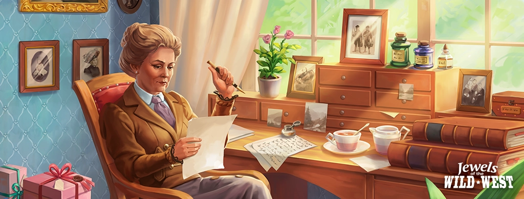 An elegantly dressed woman in a vintage office setting. She sits at a wooden desk, engrossed in reading a document. The woman wears a suit, indicative of 19th century fashion, with her hair styled in a sophisticated updo. On the desk, there are several open books, a cup of tea, a saucer and an inkwell with a pen, suggesting she is in the midst of work or study. The office is adorned with framed photographs and drawings, bottles of ink or medicine and a potted plant basking in the sunlight from the window. The room has a classic, refined aesthetic, with a light blue wallpaper featuring a diamond pattern.