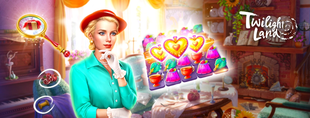 A vibrant and colorful graphic with a distinct vintage flair, featuring a stylish woman as the focal point. She's dressed in an elegant teal blouse with a matching hat, and her hair is styled in a classic wave typical of early-to-mid-20th-century fashion. The lady's accessories include white gloves and a string of pearls, highlighting a look of refinement. Her expression is contemplative, with her finger gently placed against her chin.

The background suggests a cozy interior space, possibly a living room, with warm lighting that casts a soothing glow. Notable details include a piano, a mantelpiece with a clock and vases, and plush seating. The right side of the image has a cluster of vibrant, glowing symbols, indicating game elements from a match-3 game. These symbols include hearts and variously shaped bottles with bright colors that stand out against the room's setting.

In the foreground, there are circular icons containing a magnifying glass over a brush, a collection of berries and a spool of thread, implying the gameplay elements of searching and puzzle-solving.