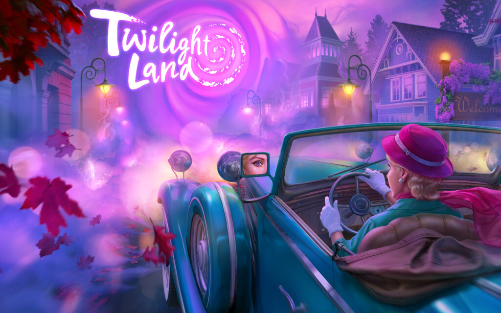 A woman driving a period-appropriate car in a 1930s American town. There’s a mysterious purple fog and an anomaly distorting the view in front of the car.