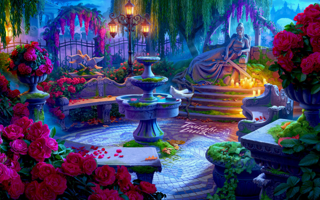 A lush and extravagant garden at night. There’s a great many flowers and other vegetation, a fountain in the middle and a statue of a woman with a sword in a reclining position. There are several arch-shaped entrances, plus beautiful iron fencing around the garden. Bright moonlight is illuminating everything.