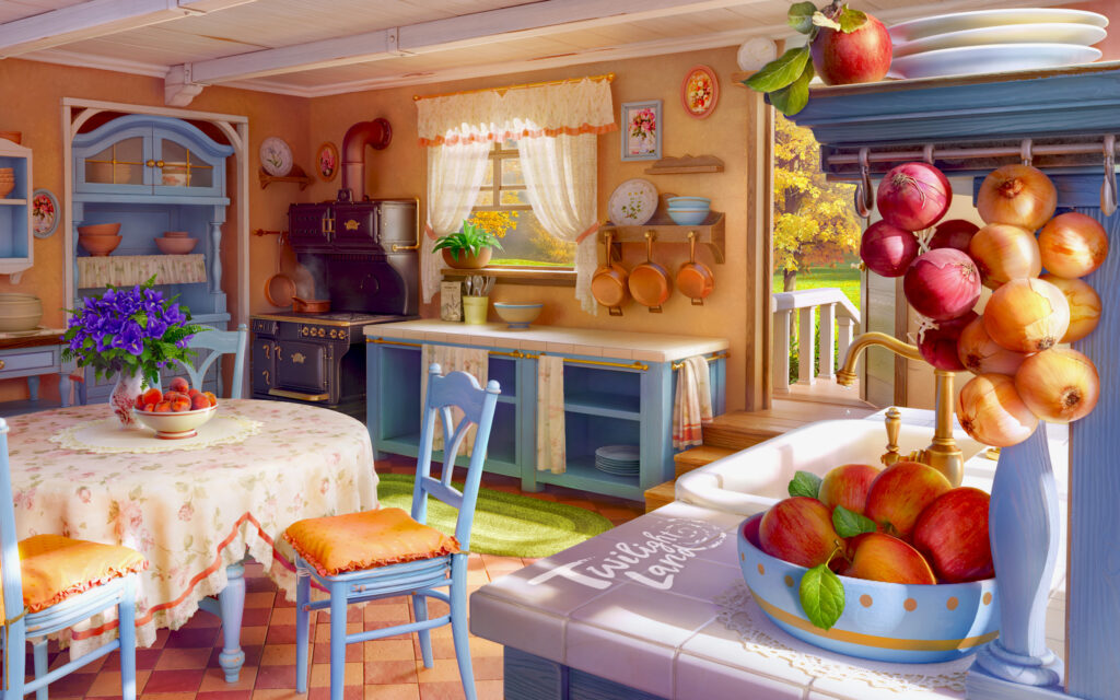 A cozy, sunlit country-style kitchen with orange walls and blue accents. A traditional black stove, a window overlooking an autumnal scene and blue chairs and cabinets give the room a homey feel. The kitchen is adorned with an abundance of fruit, including apples in a blue polka-dotted bowl and onions and grapes hanging from shelves. A floral tablecloth covers the table, which is set with a vase of blue flowers, matching the room's color scheme. Copper pots and dishes are neatly displayed, enhancing the rustic charm of this inviting space.