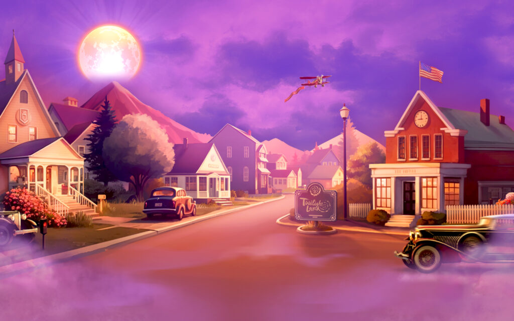 A picturesque small town in the 1930s bathed in the warm glow of twilight. A large, radiant full moon dominates the sky, casting a surreal light over the scene. The town features charming buildings, including a church with a prominent steeple on the left and a classic red-brick town hall with an American flag on the right. Vintage automobiles are parked along the curb, and a biplane flies overhead, suggesting a bygone era. The town's sign, "Twilight Land," coupled with the purple-hued sky and ambient lighting, adds a touch of whimsy to the atmosphere. The overall effect is nostalgic and serene, reminiscent of an idyllic, early Americana setting.