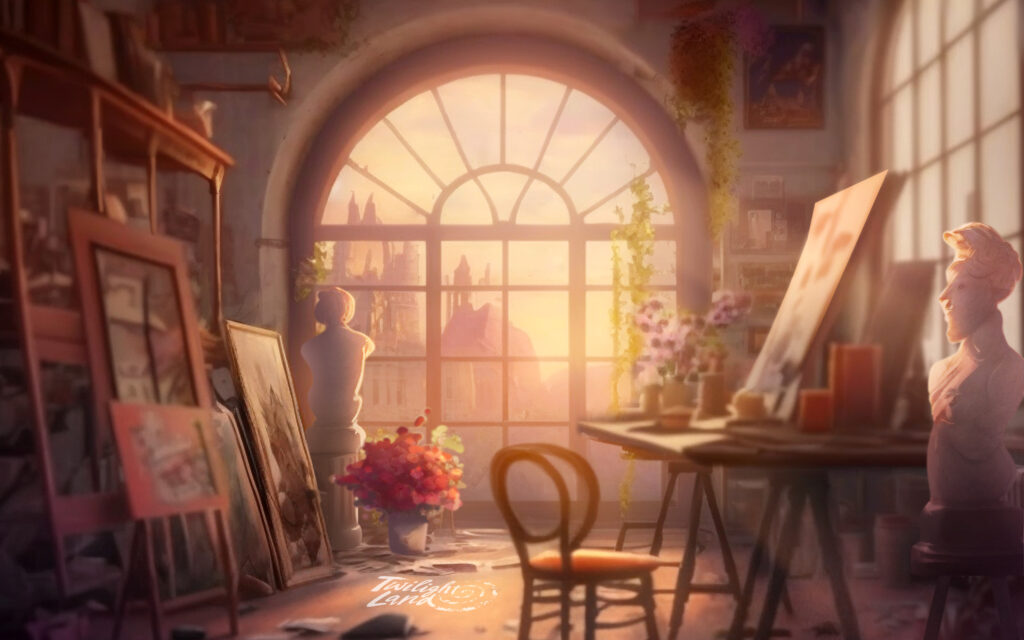 An artist or sculptor’s study. There are numerous canvases, some finished and some not, as well as a couple of statues and instruments around the room. Beautiful evening light is flowing through a big arch-like window, creating a dreamy atmosphere.