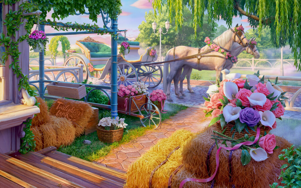 Horse stables with numerous haystacks and a lot of beautiful flowers. Two horses with a harness are carrying a beautiful open wedding carriage. They’re also adorned with flowers.