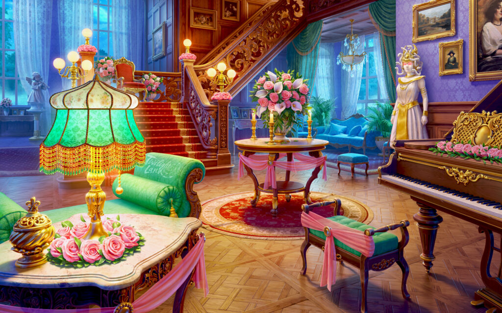 A hall in a rich family’s 1930s-era mansion. There are stairs to the second floor with an expensive red carpet in the background, plus a piano and a statue of Medusa with gold encrustations. There are lots of candles and even an electric lamp on the table. There are also flowers and pink fabric everywhere, as well as lots of pillows on several couches.