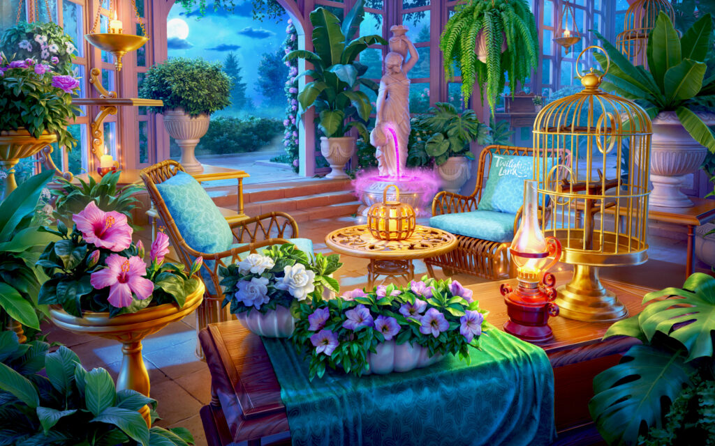 At night, illuminated by a full moon, there’s some sort of a glass house or orangery with an arch-like entrance. There’s a beautiful ancient statue in the center, a golden birdcage in the foreground and lots of plants and flowers. There are also two rocking chairs and a table with a lantern between them.