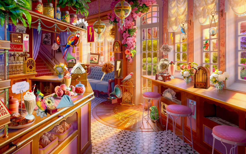 A 1930s diner with lots of fruit, candies and pastries on offer. It’s decorated with light pink cushions and fabric, as well as pink flowers. The daylight is flowing through massive windows and a big glass door. It’s very cozy and inviting.