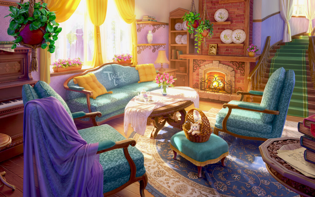 A big and cozy room in someone’s house. There are elegant couches, chairs and stools covered in azure fabric, plus a vase with flowers on a coffee table and a lit fireplace in the background. A kitten is climbing out of a basket on one of the azure stools. There are expensive carpets on the floor and porcelain dishes on the shelves. It’s daytime, but the light is diffuse thanks to the curtains.