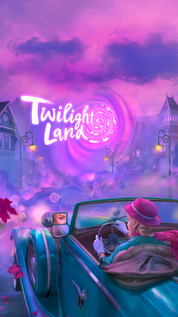 A woman driving a period-appropriate car in a 1930s American town. There’s a mysterious purple fog and an anomaly distorting the view in front of the car.