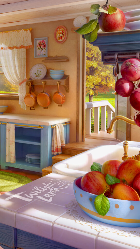 A cozy, sunlit country-style kitchen with orange walls and blue accents. A traditional black stove, a window overlooking an autumnal scene and blue chairs and cabinets give the room a homey feel. The kitchen is adorned with an abundance of fruit, including apples in a blue polka-dotted bowl and onions and grapes hanging from shelves. A floral tablecloth covers the table, which is set with a vase of blue flowers, matching the room's color scheme. Copper pots and dishes are neatly displayed, enhancing the rustic charm of this inviting space.