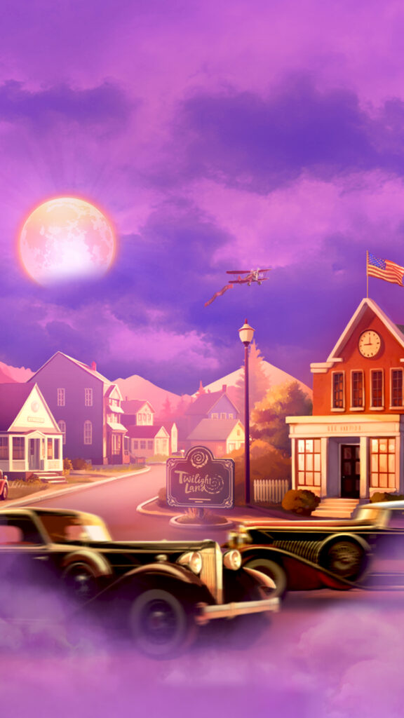 A picturesque small town in the 1930s bathed in the warm glow of twilight. A large, radiant full moon dominates the sky, casting a surreal light over the scene. The town features charming buildings, including a church with a prominent steeple on the left and a classic red-brick town hall with an American flag on the right. Vintage automobiles are parked along the curb, and a biplane flies overhead, suggesting a bygone era. The town's sign, "Twilight Land," coupled with the purple-hued sky and ambient lighting, adds a touch of whimsy to the atmosphere. The overall effect is nostalgic and serene, reminiscent of an idyllic, early Americana setting.