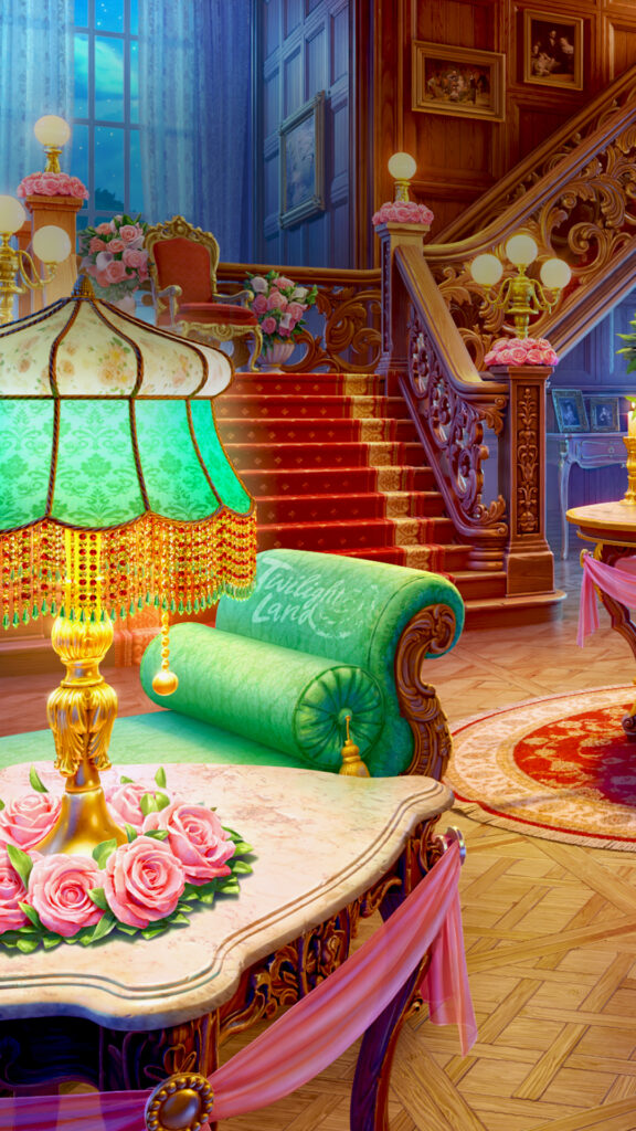 A hall in a rich family’s 1930s-era mansion. There are stairs to the second floor with an expensive red carpet in the background, plus a piano and a statue of Medusa with gold encrustations. There are lots of candles and even an electric lamp on the table. There are also flowers and pink fabric everywhere, as well as lots of pillows on several couches.