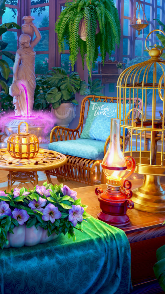 At night, illuminated by a full moon, there’s some sort of a glass house or orangery with an arch-like entrance. There’s a beautiful ancient statue in the center, a golden birdcage in the foreground and lots of plants and flowers. There are also two rocking chairs and a table with a lantern between them.