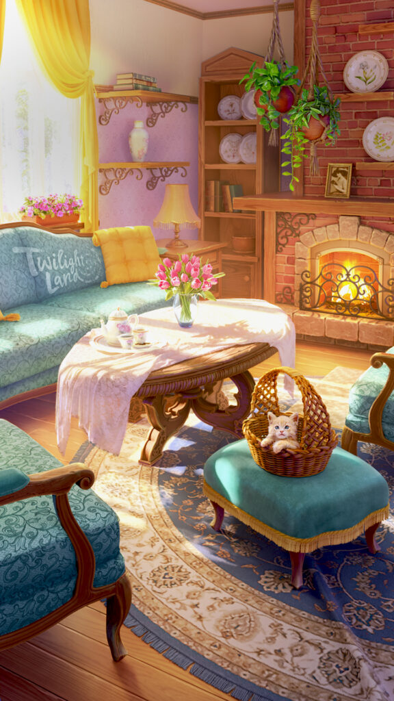 A big and cozy room in someone’s house. There are elegant couches, chairs and stools covered in azure fabric, plus a vase with flowers on a coffee table and a lit fireplace in the background. A kitten is climbing out of a basket on one of the azure stools. There are expensive carpets on the floor and porcelain dishes on the shelves. It’s daytime, but the light is diffuse thanks to the curtains.