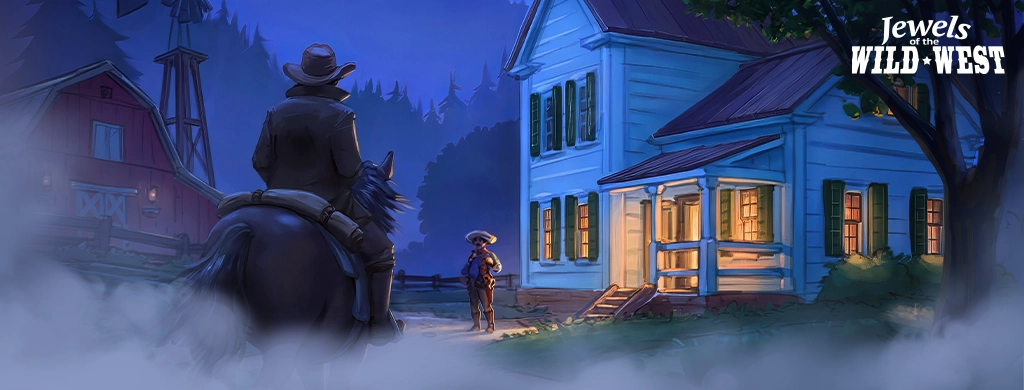 A moment of quiet tension in a Western night scene. In the foreground, a silhouetted figure on horseback pauses, looking towards a brightly lit blue house where someone stands on the porch, under the soft glow of the porch light. The house exudes a warm, inviting feel in contrast to the cool, misty surroundings. In the background, a red barn and a windmill add to the rustic setting. It’s a scene from the beginning of “Jewels of the Wild West,” a match-3 game from G5 Games.