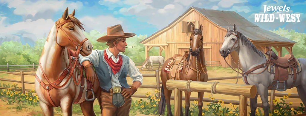 A serene ranch scene, where a young cowboy leans comfortably against a fence post, his gaze directed toward the horizon. He’s flanked by two well-groomed horses, suggesting a close bond with the animals. The ranch setting is idyllic, complete with a sturdy barn and lush fields in the background. The sky is clear and blue, adding to the peaceful ambiance of a sunny day on the frontier. This is an illustration from the match-3 game “Jewels of the Wild West.”