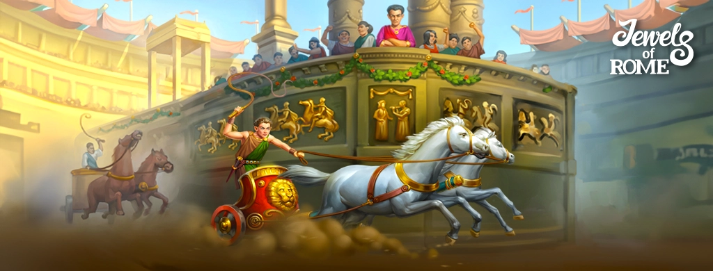 A chariot race in an ancient Roman setting. A determined charioteer, dressed in a traditional Roman outfit, is driving a two-horse chariot, with the horses in mid-gallop. The chariot is ornately decorated with classical motifs, and the charioteer wields a whip. In the background, spectators are shown watching from a balcony adorned with columns and statues. This is a vividly colored illustration from the casual free game “Jewels of Rome.”