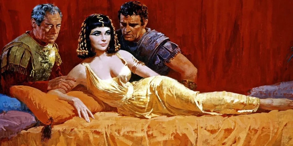 A vivid illustration from the famous movie “Cleopatra” (1963), portraying a dramatic and intimate scene. The central figure is a woman adorned in a luxurious golden gown, lounging elegantly on a richly colored red backdrop. Her look is captivating, with detailed eye makeup and a traditional hairstyle that enhances her regal demeanor. Flanking her are two men in ancient military attire, each displaying a unique reaction to her presence. The man on the left appears concerned and contemplative, while the man on the right is more assertive and physically closer, suggesting a complex dynamic of attraction and power.