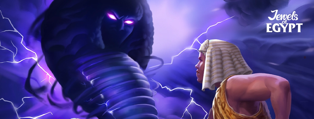 A fantastical battle scene set in an ancient city from the match-3 game “Jewels of Egypt.” A towering, sinister figure resembling a giant snake and made of dark swirling clouds and glowing purple eyes confronts a bold warrior, who is poised for combat. The warrior, clad in traditional Egyptian attire complete with a headdress and armored skirt, grasps a sword and faces the imposing entity with a determined expression. In the foreground, two bystanders—a woman and a child—watch the unfolding scene with expressions of awe and fear.