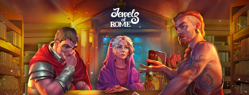 The image shows three characters seated around a wooden table inside a warm, softly lit library. On the left is a Roman soldier in red and silver armor, appearing deep in thought. In the center sits an older woman with white hair and a purple robe, looking calmly ahead. On the right is a muscular man with red hair, tattoos, and simple clothing, gesturing as he speaks. Bookshelves and scrolls fill the background, with the Jewels of Rome logo displayed above them.