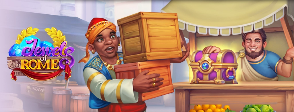 The image shows a lively marketplace scene. On the left, the Jewels of Rome logo is displayed. In the center, a man wearing colorful clothing and a headscarf is carrying two wooden crates stacked in his arms. On the right, a vendor stands behind a market stall, smiling as he presents a decorative treasure chest with blue gems. Various fruits are arranged on the counter in front of him, and baskets and jars are visible in the background.